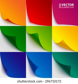 Set of 9 colorful paper curled corners and page turns with realistic shadows on white background. RGB EPS 10 vector illustration