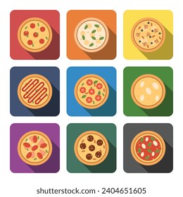 Set of 9 colorful Pizza Icon with Long Shadows: Pepperoni, Cheese, Kebab, Mushroom, Caprese, White, Neapolitan. Vector Design in Flat Style. Vibrant vector Illustration Collection