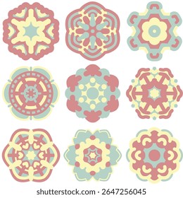 Set of 9 colorful round mandala ornaments, isolated geometric design elements on white background. Abstract patterns for cards design, interior decor, printing on ceramic plates or textile. EPS 10.