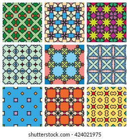 Set of 9 colorful seamless geometric patterns with repeating texture for Wedding, Bridal, Valentine's day or Birthday Invitations, fabric or paper print. Vector seamless backgrounds collection