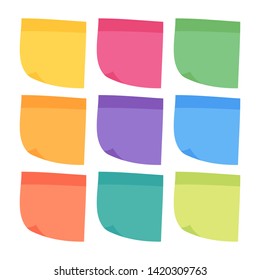 Set of 9 colorful sheets of note papers in flat style, ready for your message. Collection of different nine colored sheets of note papers. Isolated on white background. 
Vector illustration
