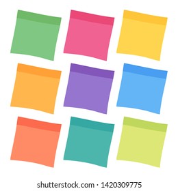 Set of 9 colorful sheets of note papers in flat style, ready for your message. Collection of different nine colored sheets of note papers. Isolated on white background. 
Vector illustration