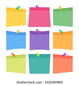 Set of 9 colorful sheets of note papers in flat style, ready for your message. Collection of different nine colored sheets of note papers. Isolated on white background. 
Vector illustration