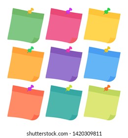 Set of 9 colorful sheets of note papers in flat style, ready for your message. Collection of different nine colored sheets of note papers. Isolated on white background. 
Vector illustration