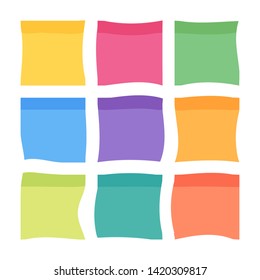 Set of 9 colorful sheets of note papers in flat style, ready for your message. Collection of different nine colored sheets of note papers. Isolated on white background. 
Vector illustration