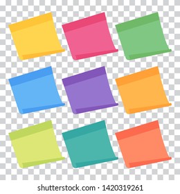 Set of 9 colorful sheets of note papers in flat style, ready for your message. Collection of different nine colored sheets of note papers. Isolated on transparent background. 
Vector illustration