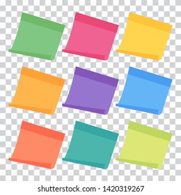 Set of 9 colorful sheets of note papers in flat style, ready for your message. Collection of different nine colored sheets of note papers. Isolated on transparent background. 
Vector illustration