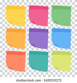 Set of 9 colorful sheets of note papers in flat style, ready for your message. Collection of different nine colored sheets of note papers. Isolated on transparent background. 
Vector illustration
