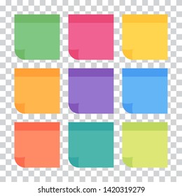 Set of 9 colorful sheets of note papers in flat style, ready for your message. Collection of different nine colored sheets of note papers. Isolated on transparent background. 
Vector illustration