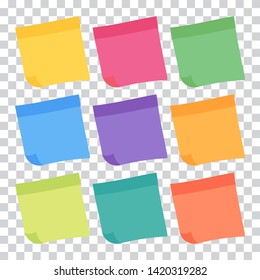 Set of 9 colorful sheets of note papers in flat style, ready for your message. Collection of different nine colored sheets of note papers. Isolated on transparent background. 
Vector illustration