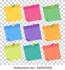 Set of 9 colorful sheets of note papers in flat style, ready for your message. Collection of different nine colored sheets of note papers. Isolated on transparent background. 
Vector illustration