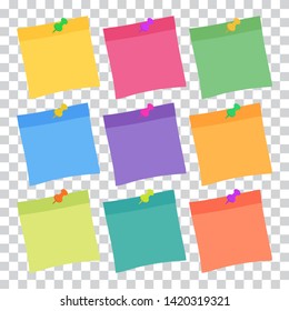 Set of 9 colorful sheets of note papers in flat style, ready for your message. Collection of different nine colored sheets of note papers. Isolated on transparent background. 
Vector illustration