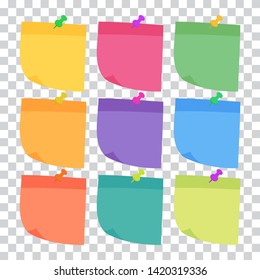 Set of 9 colorful sheets of note papers in flat style, ready for your message. Collection of different nine colored sheets of note papers. Isolated on transparent background. 
Vector illustration