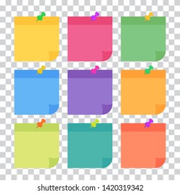 Set of 9 colorful sheets of note papers in flat style, ready for your message. Collection of different nine colored sheets of note papers. Isolated on transparent background. 
Vector illustration