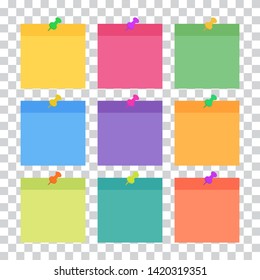 Set of 9 colorful sheets of note papers in flat style, ready for your message. Collection of different nine colored sheets of note papers. Isolated on transparent background. 
Vector illustration