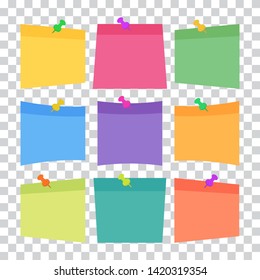 Set of 9 colorful sheets of note papers in flat style, ready for your message. Collection of different nine colored sheets of note papers. Isolated on transparent background. 
Vector illustration