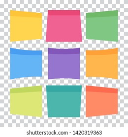 Set of 9 colorful sheets of note papers in flat style, ready for your message. Collection of different nine colored sheets of note papers. Isolated on transparent background. 
Vector illustration