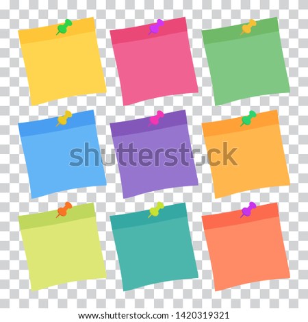 Set of 9 colorful sheets of note papers in flat style, ready for your message. Collection of different nine colored sheets of note papers. Isolated on transparent background. 
Vector illustration