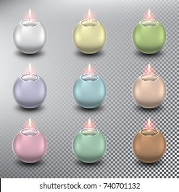 Set of 9 colorful vector ball candles. Spherical candles. Realistic and isolated with transparent burning flame and shadow on the white background. Vector illustration. Eps10.
