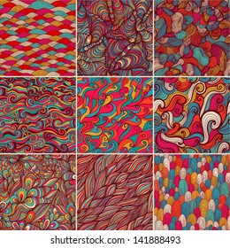 Set of 9 colorful wave patterns (seamlessly tiling).Seamless pattern can be used for wallpaper, pattern fills, web page background,surface textures. Fashion seamless backgrounds combo.