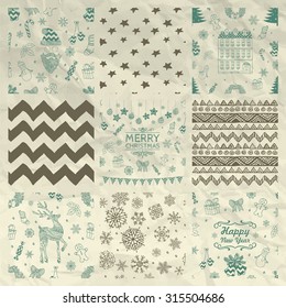 Set of 9 Colorful Xmas and New Year Doodle, Christmas Seamless Background Patterns on Crumpled Paper Texture. Hand Drawn Vector Illustration. Pattern Swatches