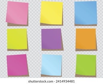 Set 9 of colorfull sticky notes isolated. Multicolored sticky notes paper blank space collection. Simple realistic flat labels, stickers. Vector Illustration.