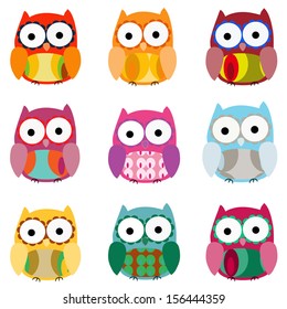 Set of 9 colorfully owls
