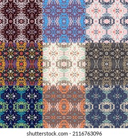 A set of 9 colors. Seamless pattern with spots and stripes of wild animals. Ikat background. African and Asian animals. Textile. Ethnic boho ornament. Vector illustration for web design or print.