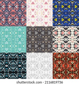 A set of 9 colors. Seamless pattern with spots and stripes of wild animals. Ikat background. African and Asian animals. Textile. Ethnic boho ornament. Vector illustration for web design or print.