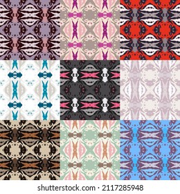 A set of 9 colors. Seamless pattern with spots and stripes of wild animals. Ikat background. African and Asian animals. Textile. Ethnic boho ornament. Vector illustration for web design or print.