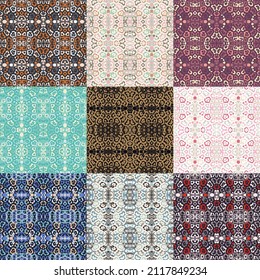 A set of 9 colors. Seamless pattern with spots and stripes of wild animals. Ikat background. African and Asian animals. Textile. Ethnic boho ornament. Vector illustration for web design or print.