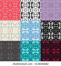 A set of 9 colors. Seamless pattern with spots and stripes of wild animals. Ikat background. African and Asian animals. Textile. Ethnic boho ornament. Vector illustration for web design or print.