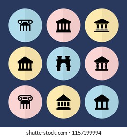 Set of 9 column filled icons such as greek column, arch, bank