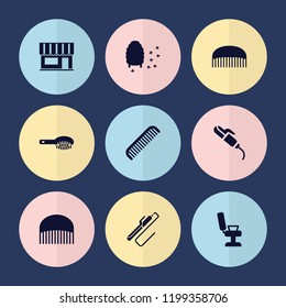 Set of 9 comb filled icons such as comb, hair brush, barber chair, hair curler, honeycomb
