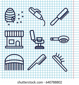 Set of 9 comb outline icons such as comb, hair brush, beauty salon, barber chair, hair curler