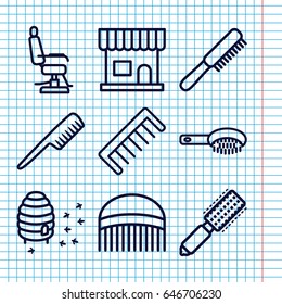 Set of 9 comb outline icons such as comb, hair brush, beauty salon, barber chair