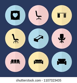 Set of 9 comfortable filled icons such as garden bench, sofa, office chair, pillow with heart on it