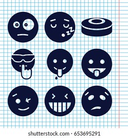 Set of 9 comic filled icons such as laughing emot, wink emot, emoji showing tongue