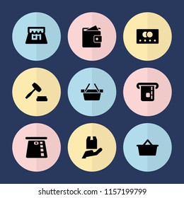 Set of 9 commerce filled icons such as credit card, cargo protection, shop, auction, credit card in atm, shopping bag, wallet