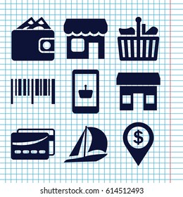 Set of 9 commerce filled icons such as shop, card, shopping bag, wallet, dollar location, sailboat, barcode, online shopping
