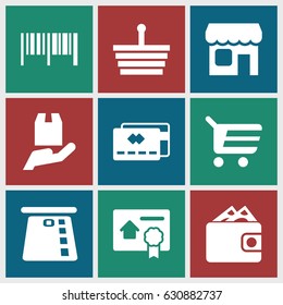 set of 9 commerce filled icons such as cargo protection, shop, bill of house sell, wallet, credit card, shopping basket, shopping cart, barcode
