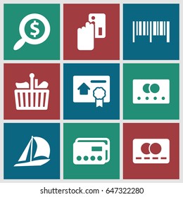 Set of 9 commerce filled icons such as credit card and barcode