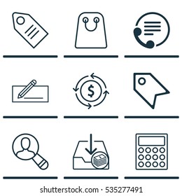 Set Of 9 Commerce Icons. Includes Tote Bag, Price Stamp, Finance And Other Symbols. Beautiful Design Elements.
