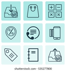 Set Of 9 Commerce Icons. Includes Ticket, Spiral Notebook, Tote Bag And Other Symbols. Beautiful Design Elements.