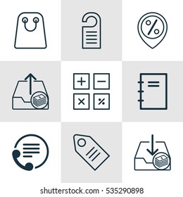 Set Of 9 Commerce Icons. Includes Spiral Notebook, Outgoing Earnings, Calculation Tool And Other Symbols. Beautiful Design Elements.