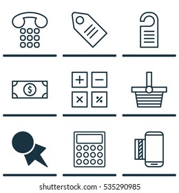 Set Of 9 Commerce Icons. Includes Discount Coupon, Mobile Service, Buck And Other Symbols. Beautiful Design Elements.