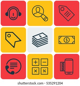 Set Of 9 Commerce Icons. Includes Buck, Ticket, Mobile Service And Other Symbols. Beautiful Design Elements.