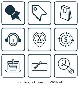 Set Of 9 Commerce Icons. Includes Handbag, Money Transfer, Price Stamp Symbols. Beautiful Design Elements.