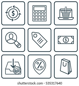 Set Of 9 Commerce Icons. Includes Ticket, E-Trade, Calculator And Other Symbols. Beautiful Design Elements.