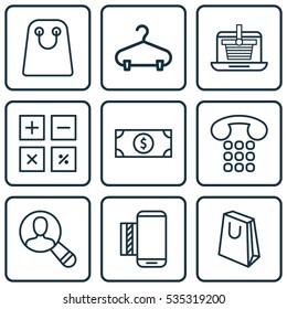 Set Of 9 Commerce Icons. Includes Callcentre, Peg, Calculation Tool And Other Symbols. Beautiful Design Elements.